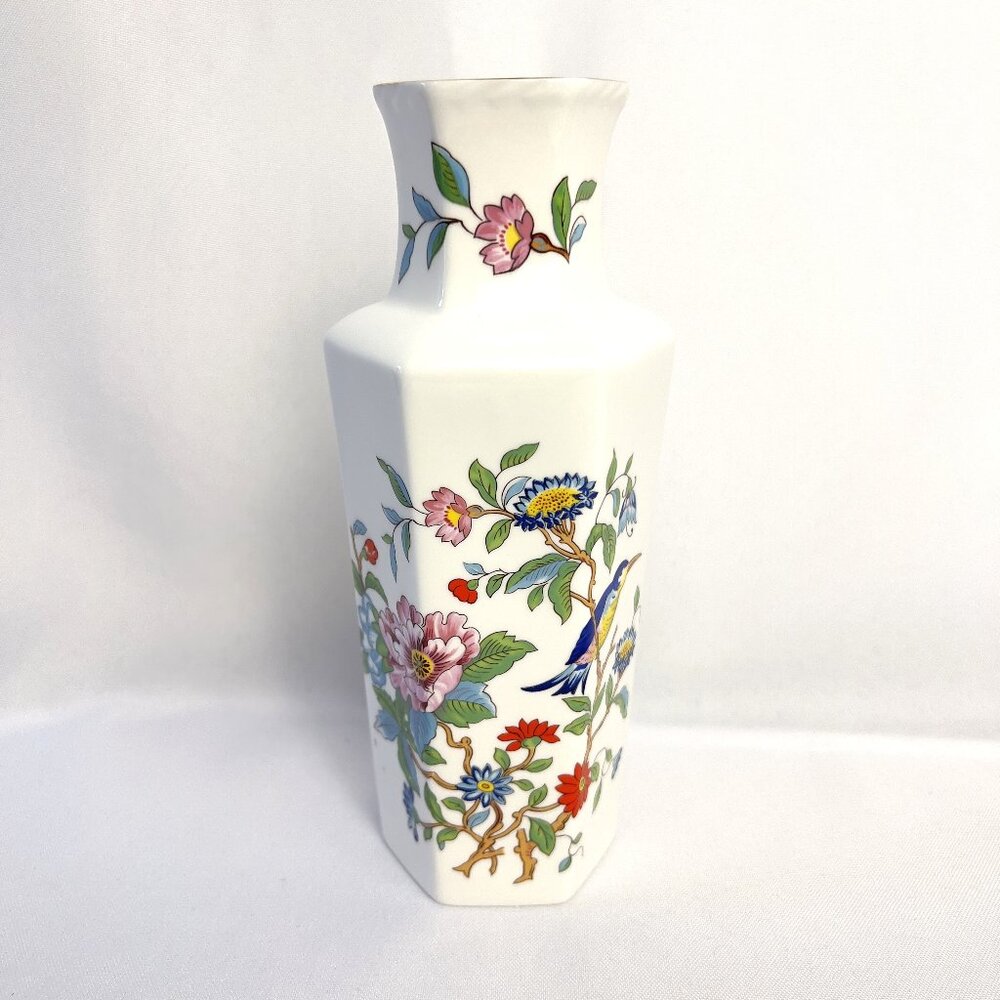 Aynsley Pembroke Vintage Vase Fine Bone China England Floral Bird Hexagonal 7”